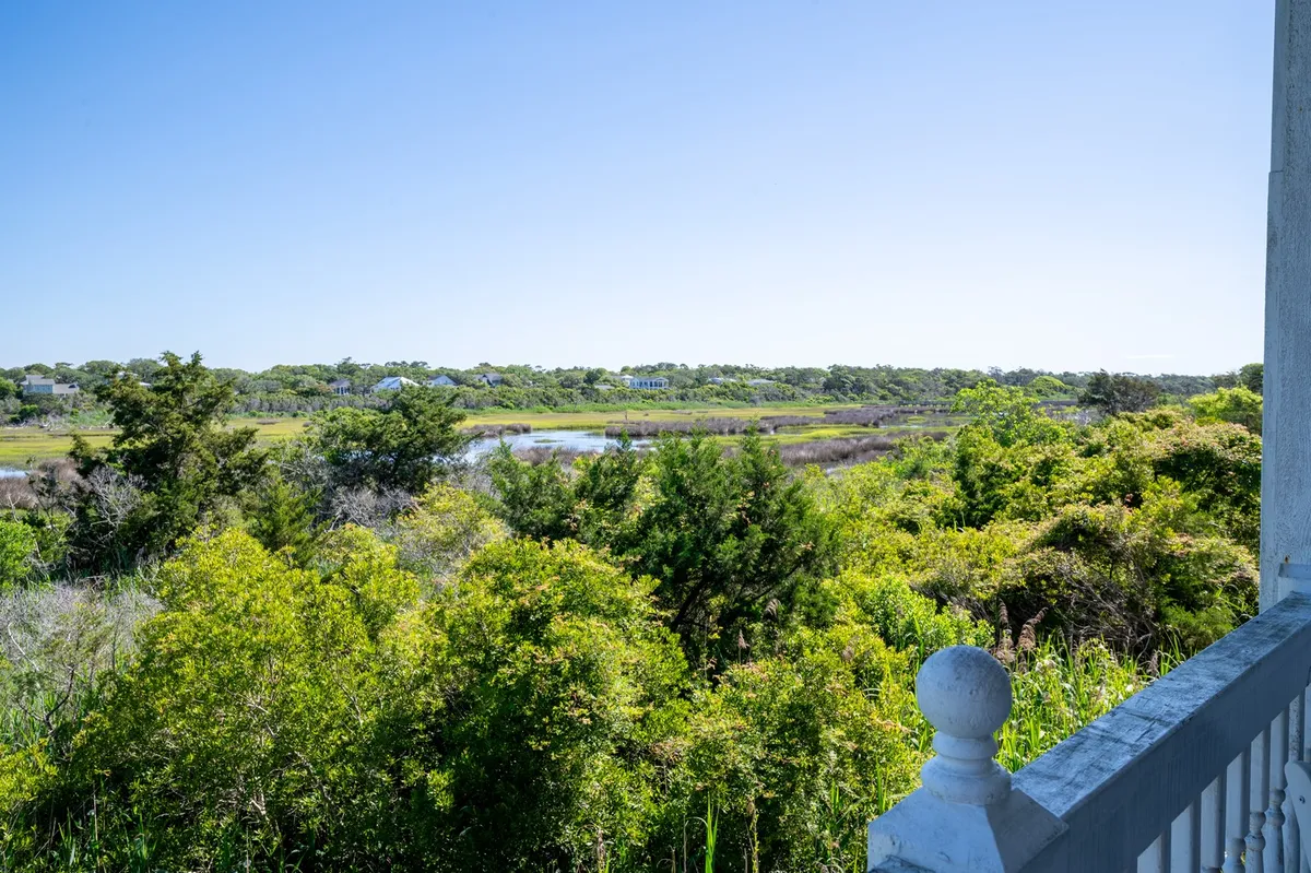 A peaceful view over lush wetlands, framed by greenery and distant houses, suggesting serene nature walks and birdwatching opportunities. The lighting highlights the natural beauty and seasonal changes of the landscape.